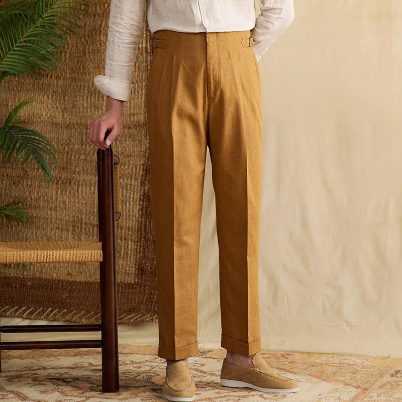 Semplice Linen Blend Double Pleated Straight Fit Trousers Dynamic Men's High Dynamic Men's High