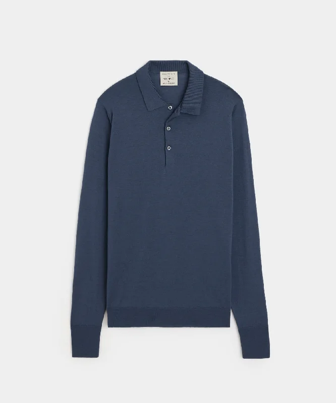 Todd Snyder x John Smedley Long Sleeve Polo in Smoke Blue Sleek Men's Contemporary  Sleek Men's Contemporary 