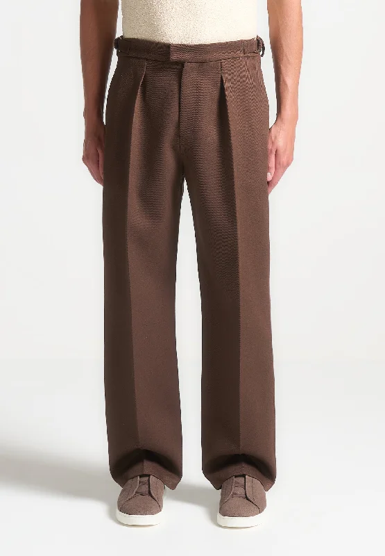 Relaxed Fit Twill Pleated Tailored Trousers - Brown Casual Men's Loose Casual Men's Loose