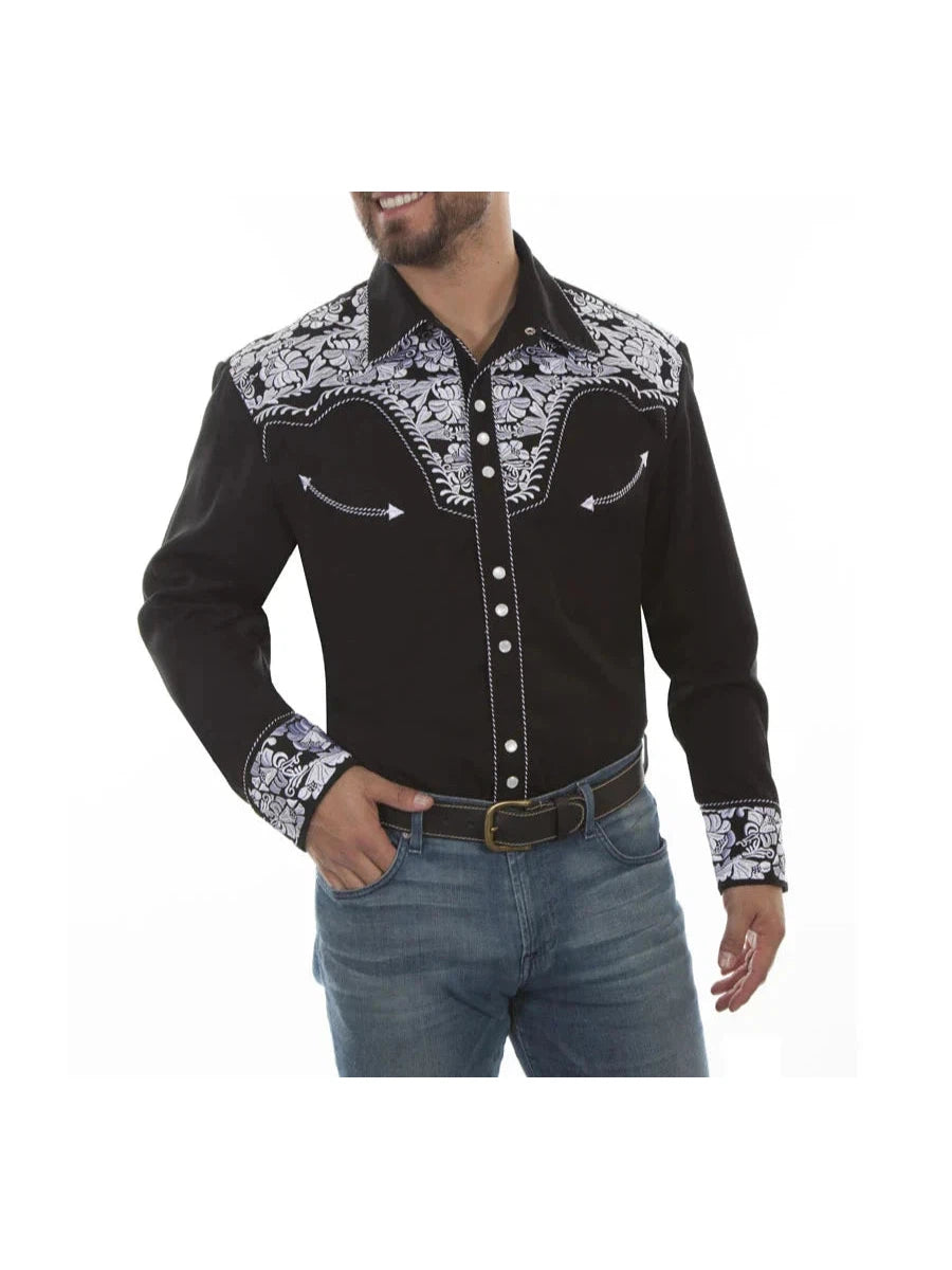 Floral Embroidered Rockabilly Shirt - Silver Sophisticated Men's French Sophisticated Men's French