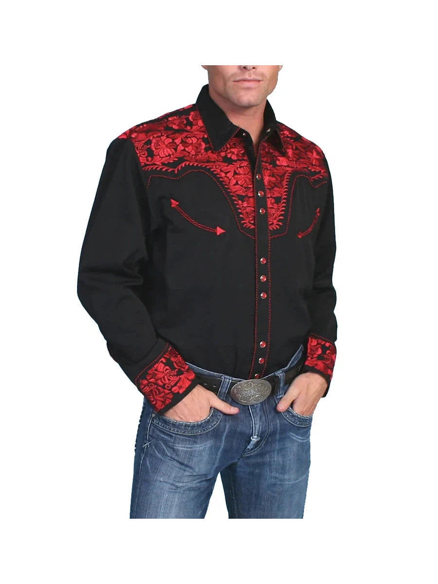 Floral Embroidered Rockabilly Shirt - Crimson Elegant Men's Formal  Elegant Men's Formal 