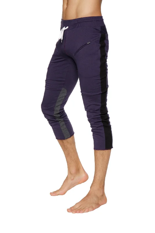 Mens 4/5 Zipper Pocket Capri Yoga Pants (Eggplant w/Black & Charcoal) Elegant Men's Formal  Elegant Men's Formal 