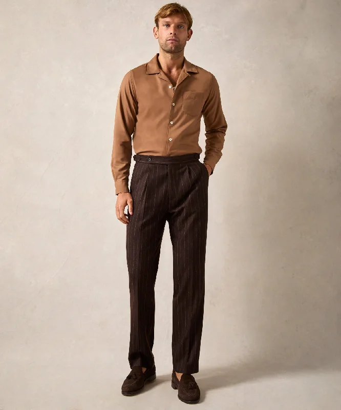 Italian Flannel Side Tab Trouser in Brown Pinstripe Modern Men's Geometric Modern Men's Geometric