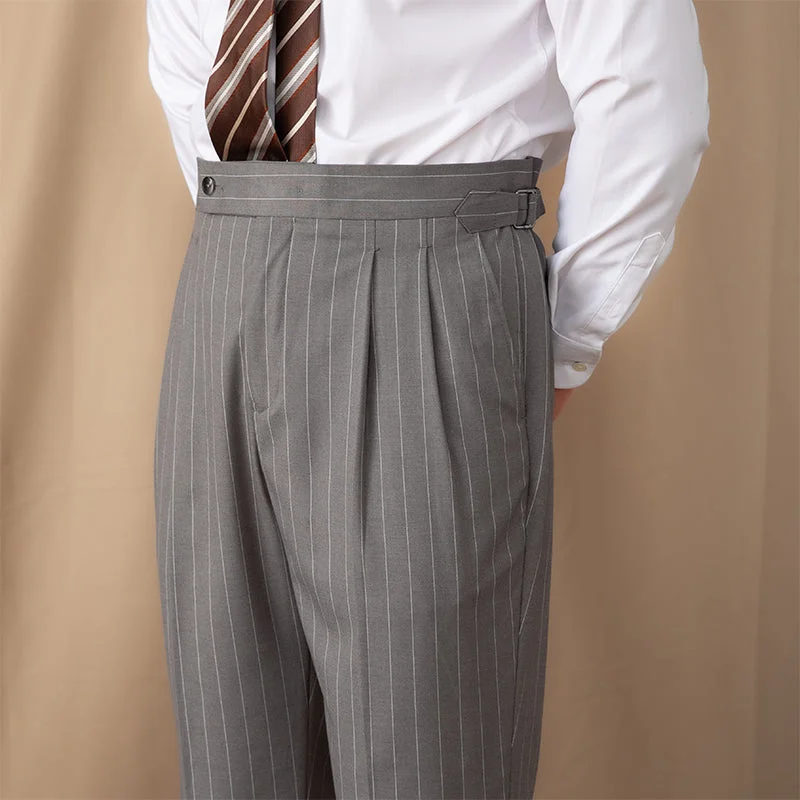 Mayfair Pinstripe Banking Double Pleated Trousers Elegant Men's Cashmere Elegant Men's Cashmere