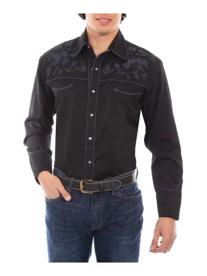 Rose Embroidered Rockabilly Shirt - Black Confident Men's High Confident Men's High