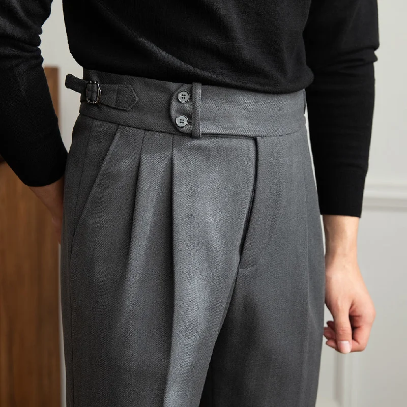 Tuscany Herringbone Wool Blend Double Pleated Trousers Athletic Men's High Athletic Men's High