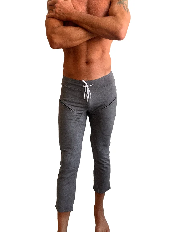 PERFORMANCE Premium Mens 4/5 Zipper Pocket Capri Yoga Pants (Dark Grey Heather) Tailored Tailored