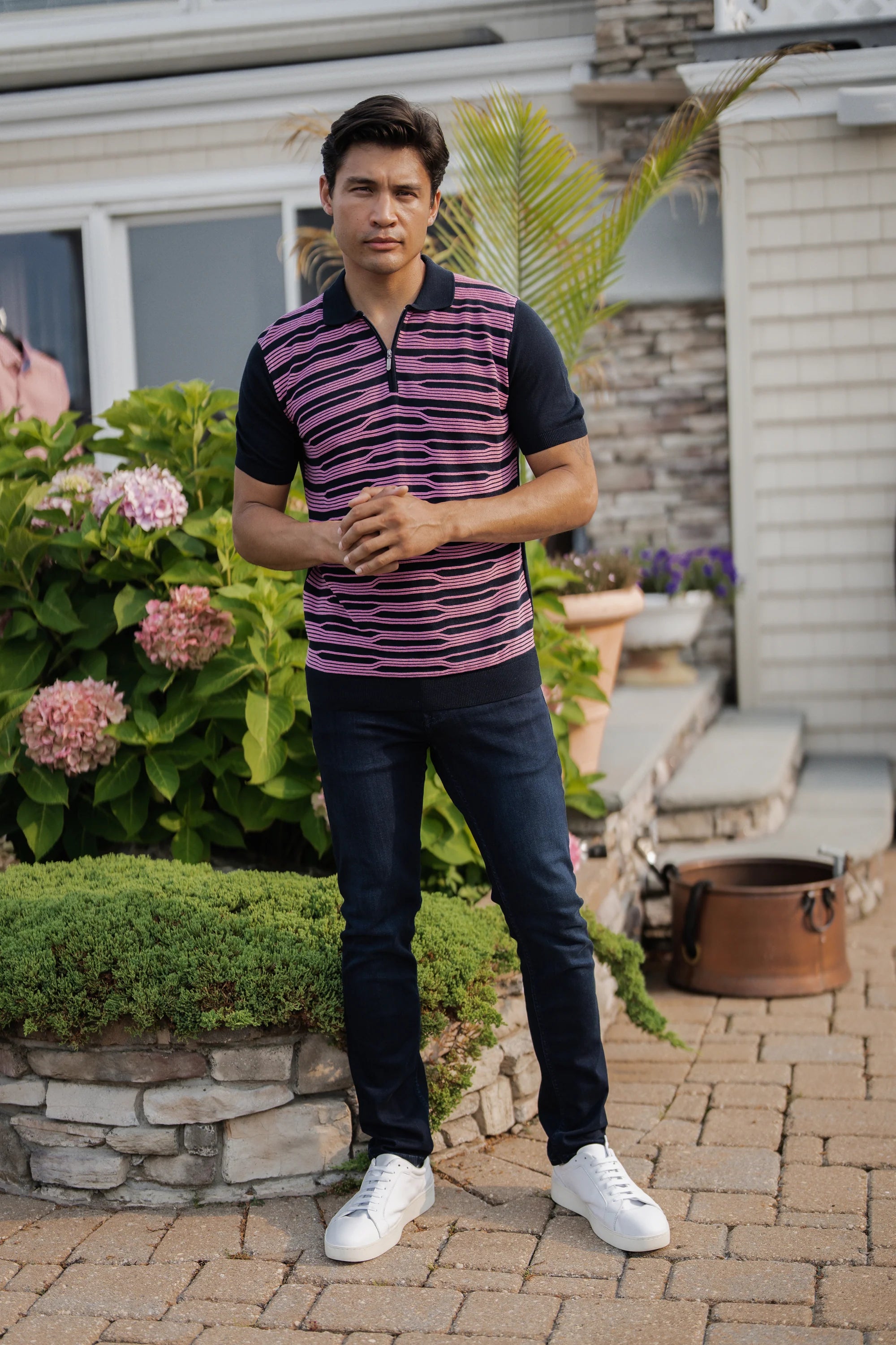 Navy with Pink Short Sleeve Knit Polo Trendy Men's Bucket Trendy Men's Bucket