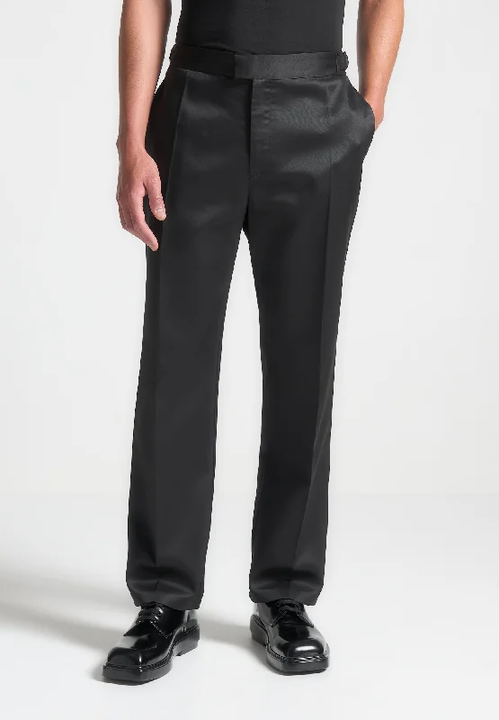 Regular Fit Satin Tailored Trousers - Black Monochromatic Office Style Monochromatic Office Style