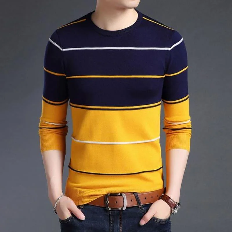 Pullover Striped Slim Fit Jumpers Knitted Woolen Autumn Korean Style Casual Men Long Sleeve Shirt Monochromatic Office Style Monochromatic Office Style