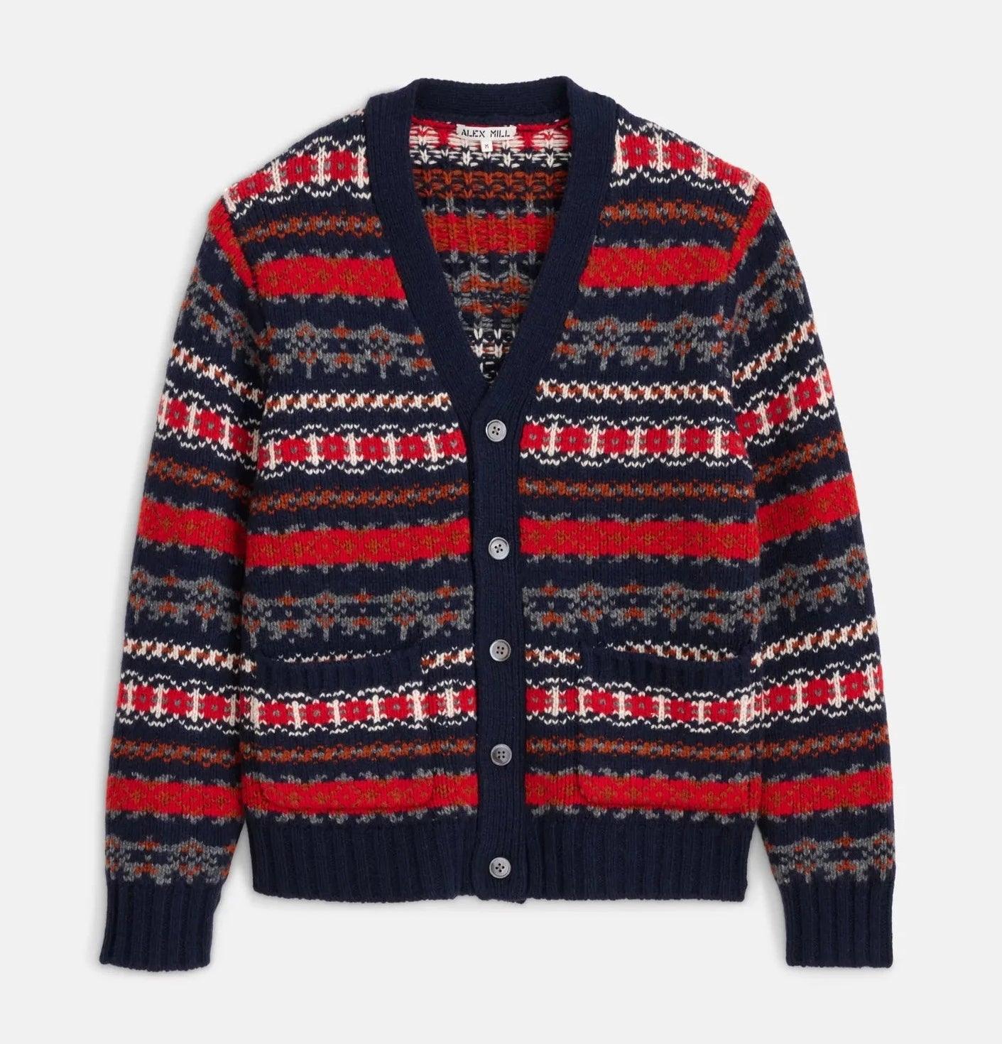 Alex Mill - Fair Isle Cardigan in Navy Multi Polished Men's Silk Polished Men's Silk