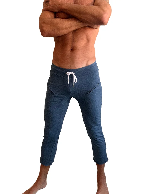 PERFORMANCE Premium Mens 4/5 Zipper Pocket Capri Yoga Pants (Coral Blue Heather) Relaxed Men's Beach Relaxed Men's Beach