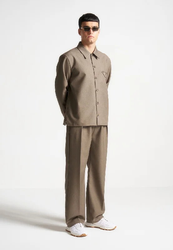 Relaxed Fit Hatched Pleated Tailored Trousers - Khaki Masculine Men's Thick Masculine Men's Thick