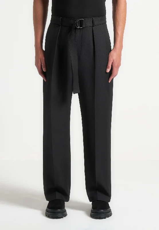 Relaxed Fit Textured Belted Tailored Trousers - Black Sleek Men's Contemporary  Sleek Men's Contemporary 