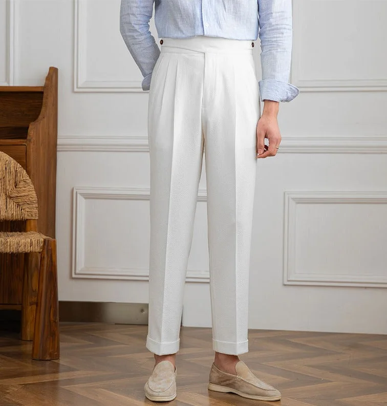 Moneglia Seersucker Double Pleated Straight Fit Trousers Street Street