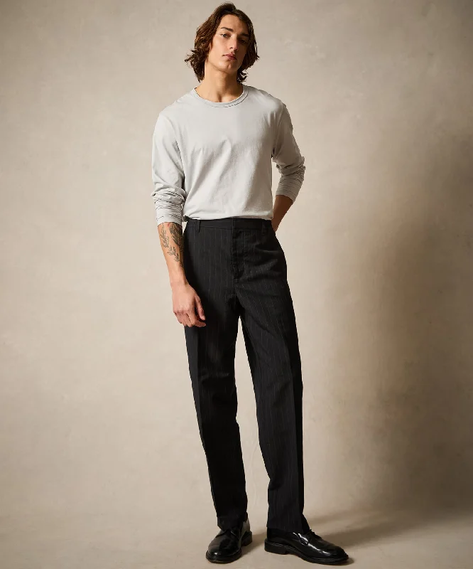 Italian Wool Linen Side Elastic Trouser in Black Pinstripe Lumberjack Lumberjack