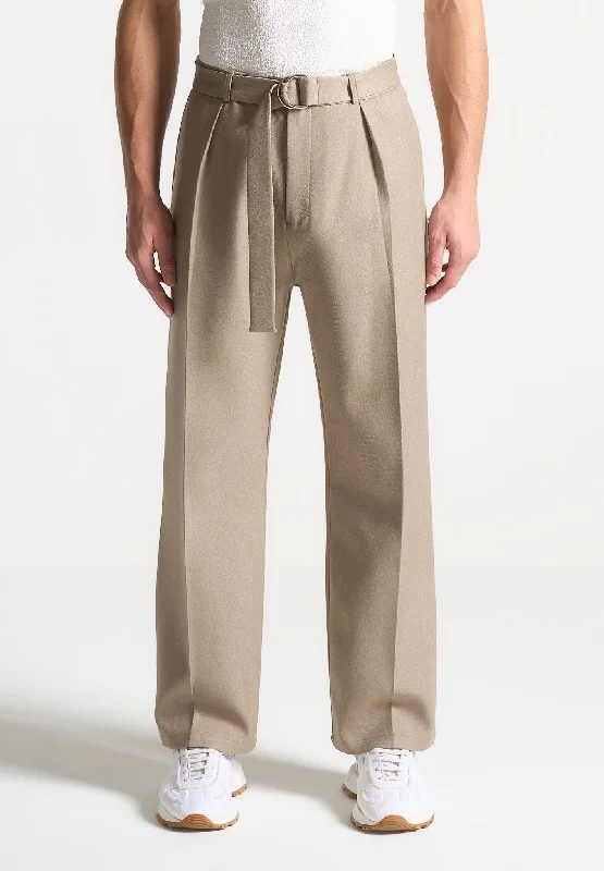 Relaxed Fit Textured Belted Tailored Trousers - Beige Traditional Men's Wool Traditional Men's Wool