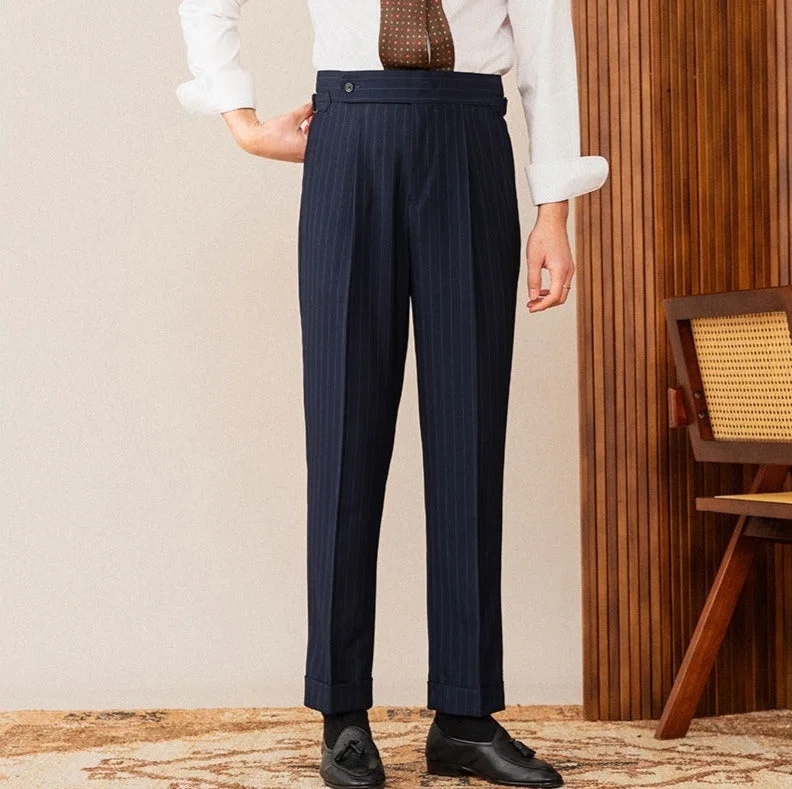 Wall Street Pinstripe Double Pleated Straight Fit Trousers Earthy Men's Sustainable  Earthy Men's Sustainable 