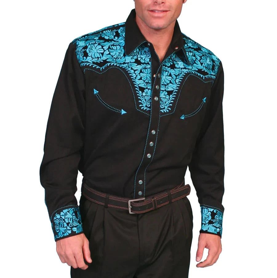 Floral Embroidered Rockabilly Shirt - Turquoise Casual Men's Japanese  Casual Men's Japanese 