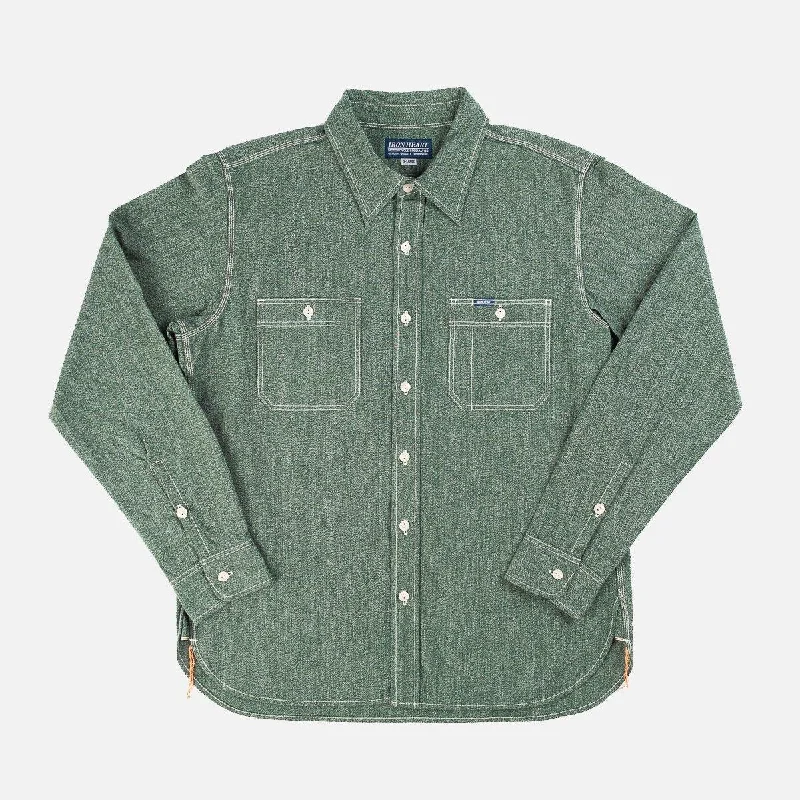 Iron Heart - 10oz Mock Twist Selvedge Chambray Work Shirt - Green Stylish Men's Tropical  Stylish Men's Tropical 