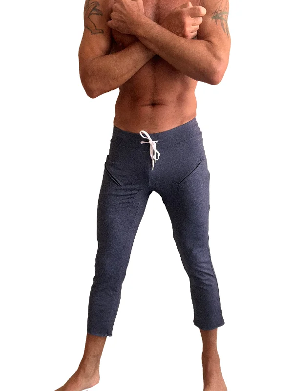 PERFORMANCE Premium Mens 4/5 Zipper Pocket Capri Yoga Pants (Navy Blue Heather) Dapper Men's Bow Dapper Men's Bow