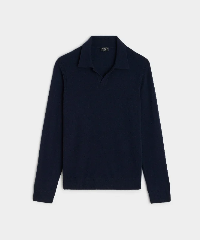 Long-Sleeve Cashmere Montauk Polo in Navy Luxurious Men's High Luxurious Men's High