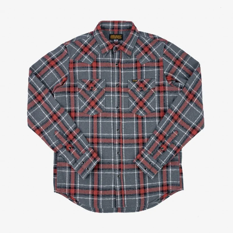 Iron Heart - IHSH-369-GRY - 12oz Slubby Heavy Flannel Herringbone Check Western Shirt - Grey Casual Men's Short Casual Men's Short