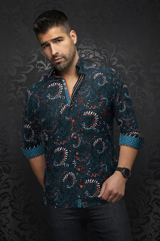 AU NOIR | Long Sleeve Shirt | Kahlo Teal Stylish Men's Tropical 