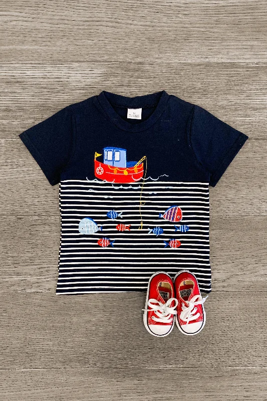 Fishing Boat Striped T-Shirt Practical Men's Multi