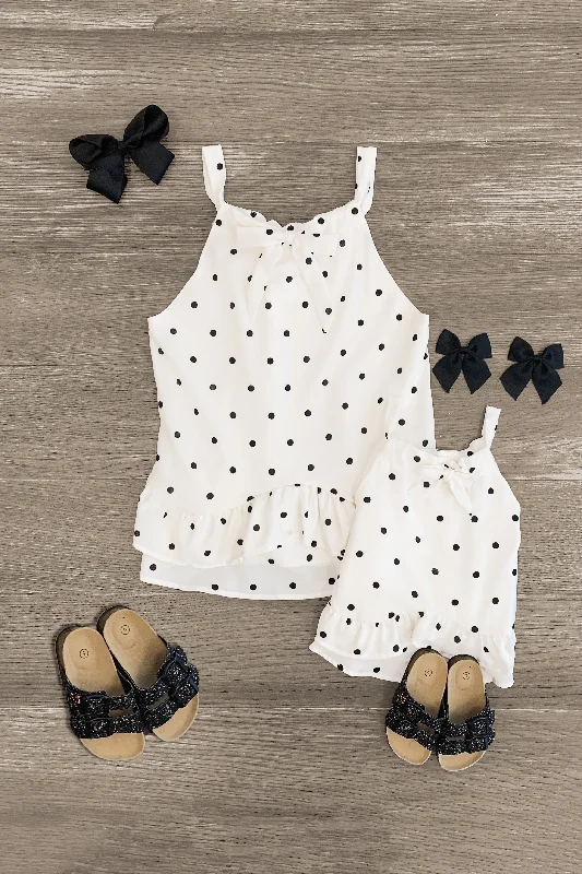 Mom & Me - White & Black Polka Dot Ruffle Tank Top Streetwear Style