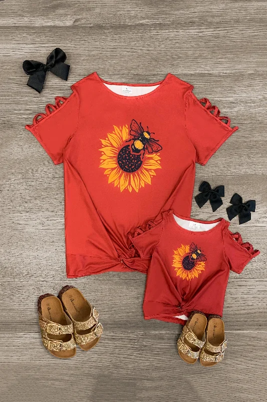 Mom & Me - Red Bumblebee Sunflower Top Monochromatic All