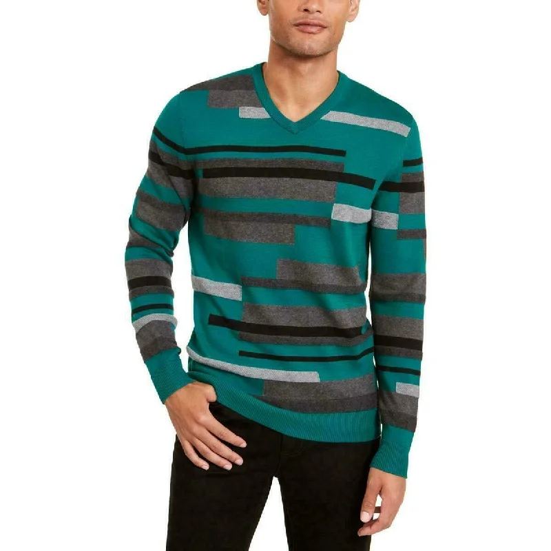 Alfani Men's Textured Striped V-Neck Sweater Green Size X-Large Hip Men's Retro Hip Men's Retro