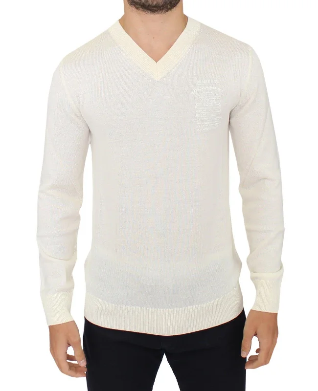 Ermanno Scervino ivory Wool Blend V-neck Pullover Men's Sweater Preppy Men's College Preppy Men's College