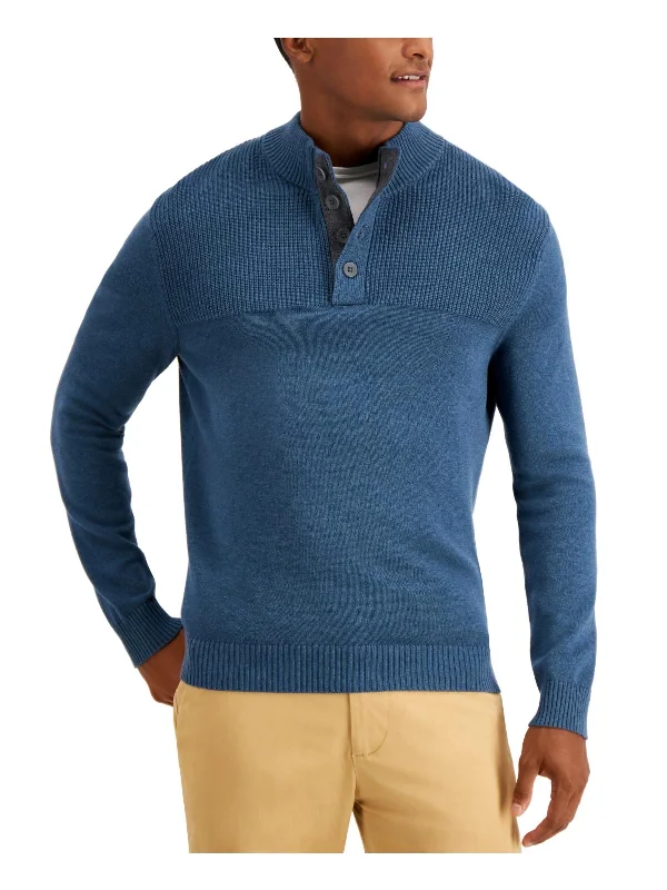 Mens Cotton Button Mock Turtleneck Sweater British Gentleman Style British Gentleman Style