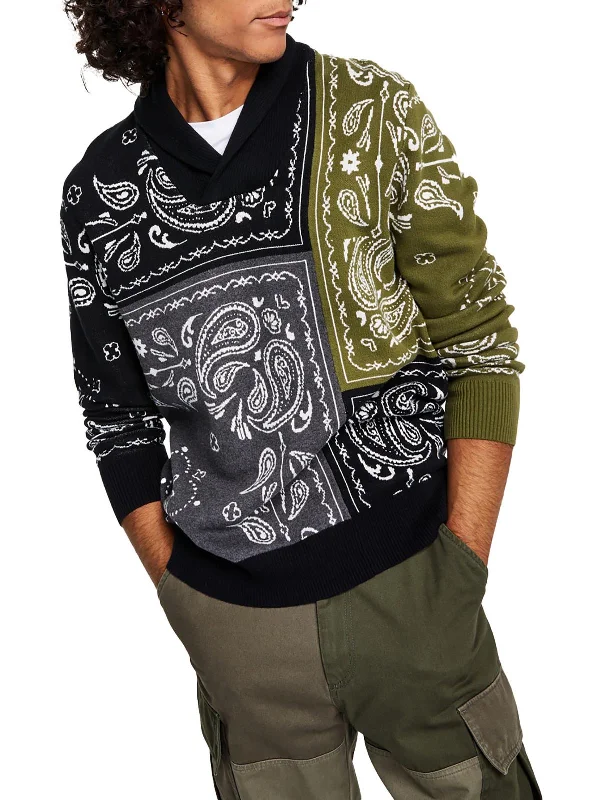 Mens Paisley Shawl Neck Pullover Sweater Practical Men's Multi Practical Men's Multi