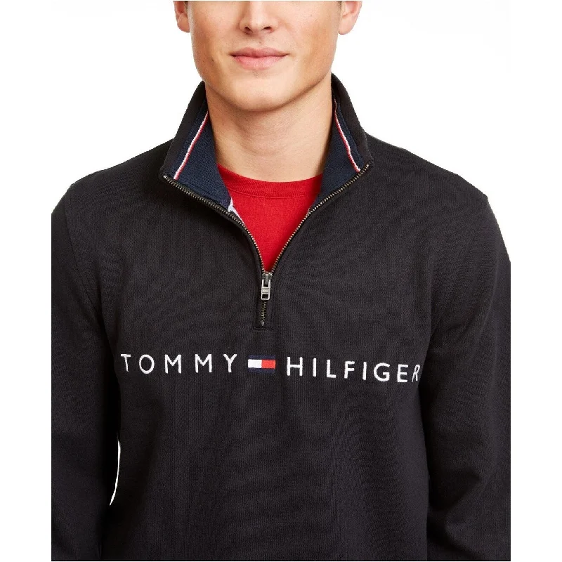 Tommy Hilfiger Men's Logo French Rib Quarter-Zip Pullover Black Size Large Stylish Men's Neon Stylish Men's Neon