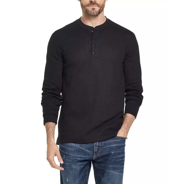 Weatherproof Vintage Men's Waffle Knit Henley Sweatshirt Black Size Medium Traditional Men's Wool Traditional Men's Wool