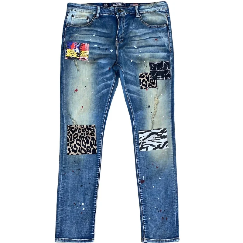 Men's Paint Splatter Milan Denim Jean In Medium Blue Trendy Men's Oversized Trendy Men's Oversized